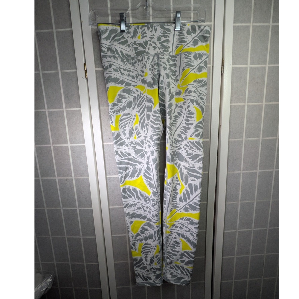 Alo Women's Medium Leggings Grey Neon Yellow Tropical Athleisure Yoga RN87370